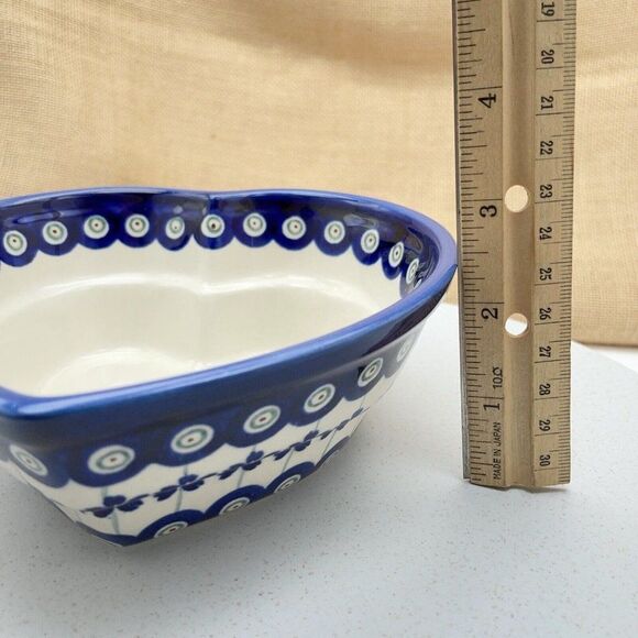 Boleslawiec Pottery Heart Shaped Bowl 6" Peacock Eye Flowers Dish Made in Poland - Picture 15 of 15